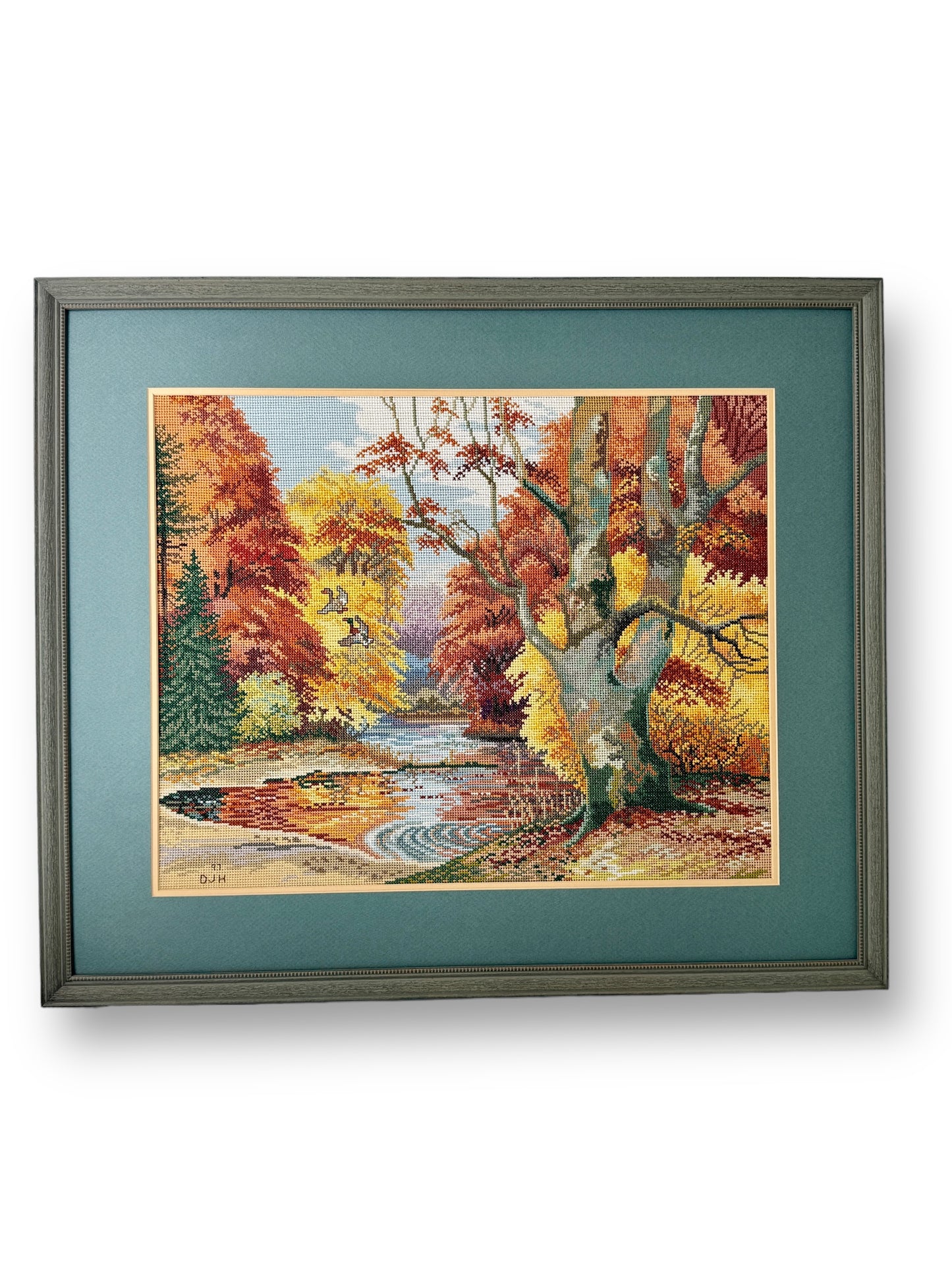 1997 Vintage Embroidered Picture Forest Lake Art With Wooden Frame 30" W x 25" H