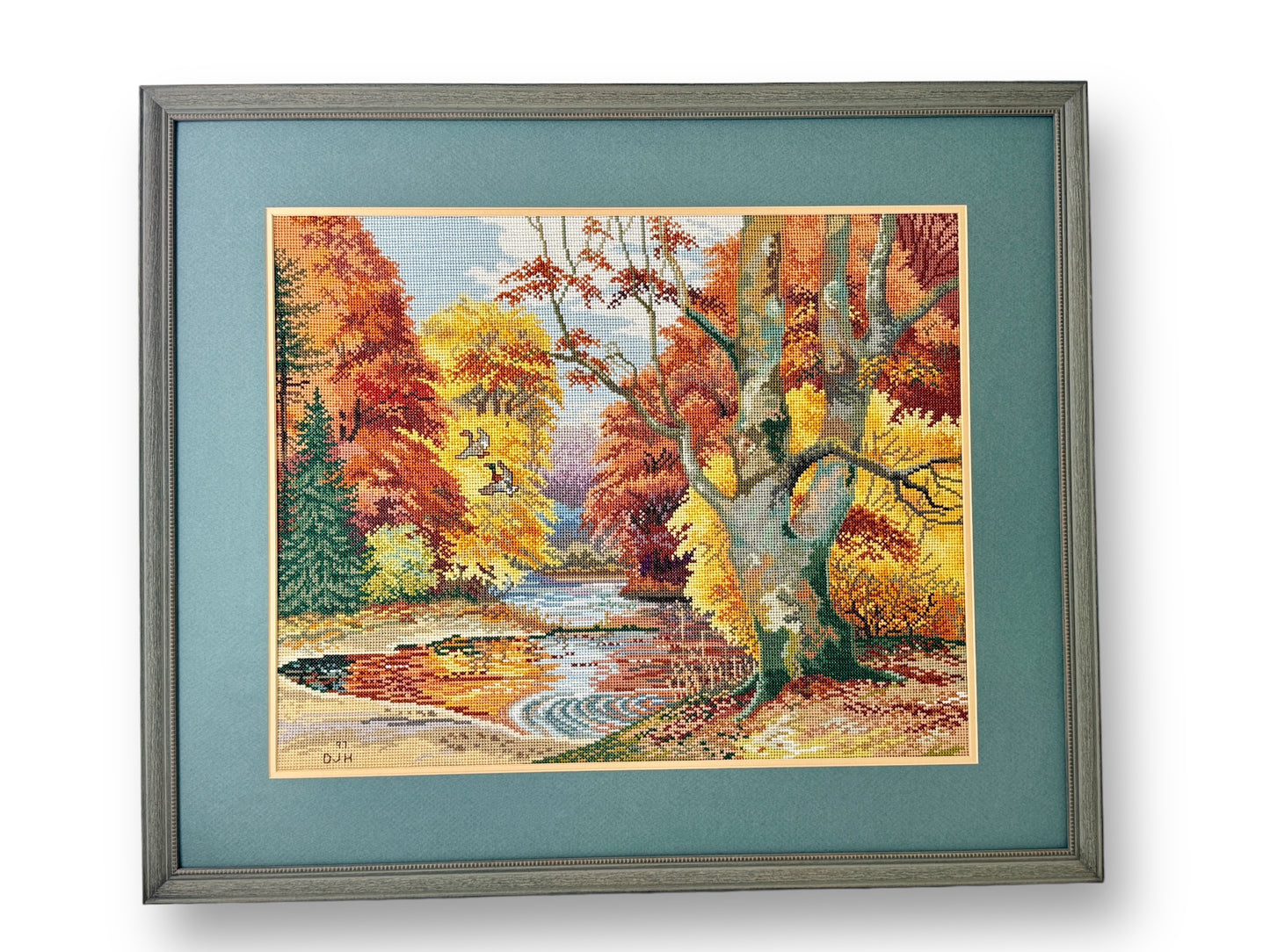 1997 Vintage Embroidered Picture Forest Lake Art With Wooden Frame 30" W x 25" H