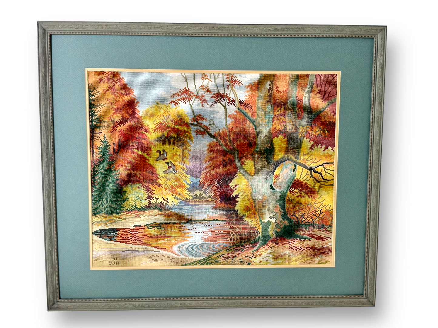 1997 Vintage Embroidered Picture Forest Lake Art With Wooden Frame 30" W x 25" H