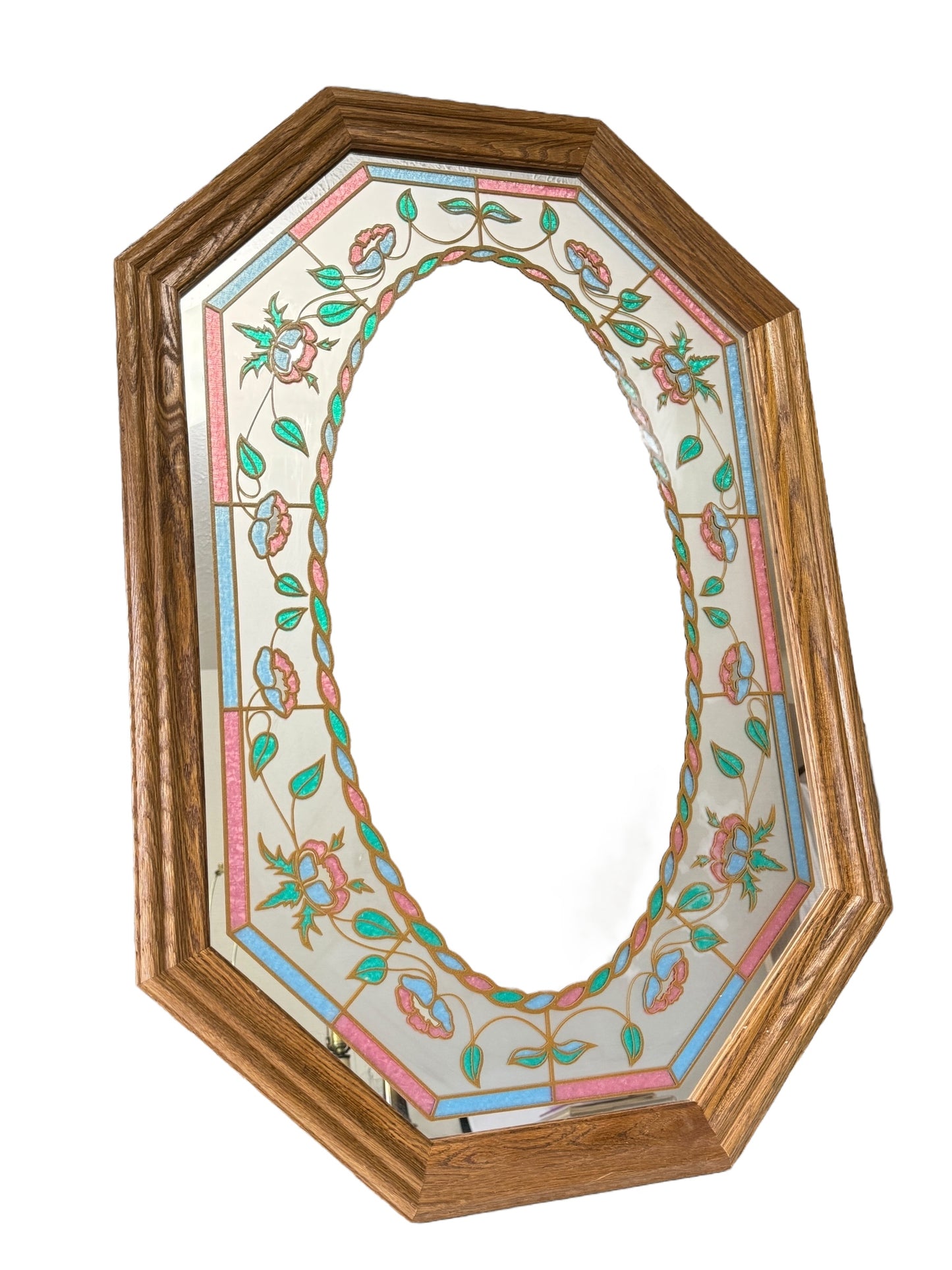 Vintage Beautiful Octagonal Floral Etched Mirror 1980s