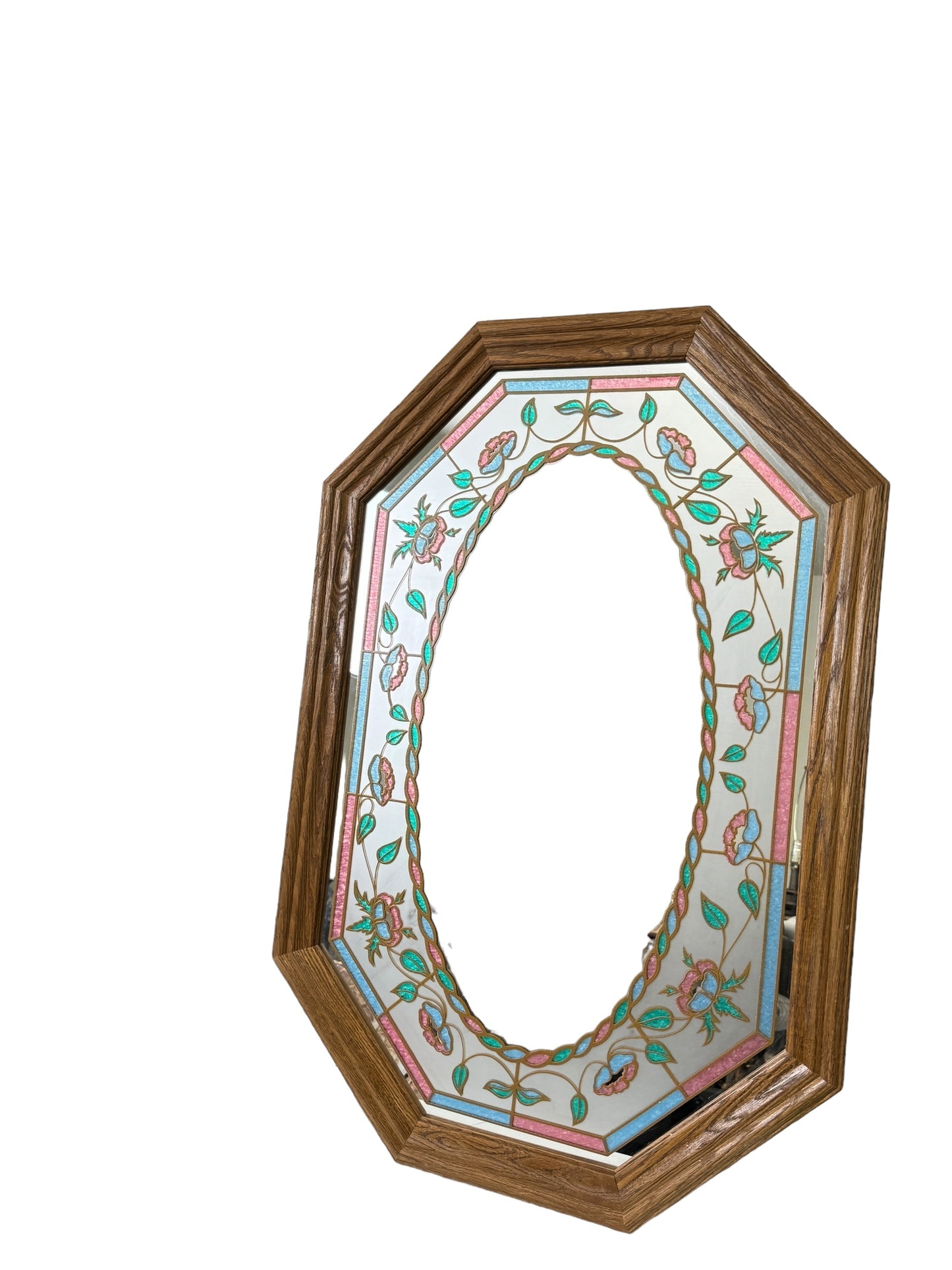 Vintage Beautiful Octagonal Floral Etched Mirror 1980s