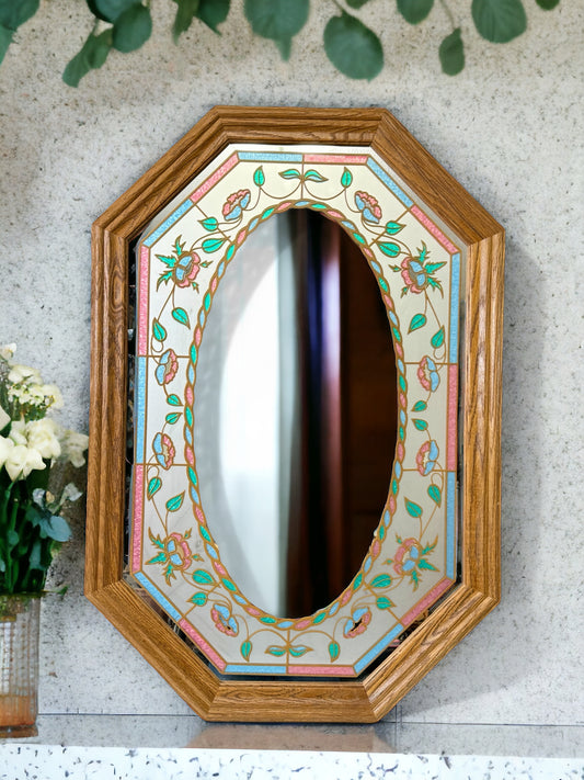 Vintage Beautiful Octagonal Floral Etched Mirror 1980s