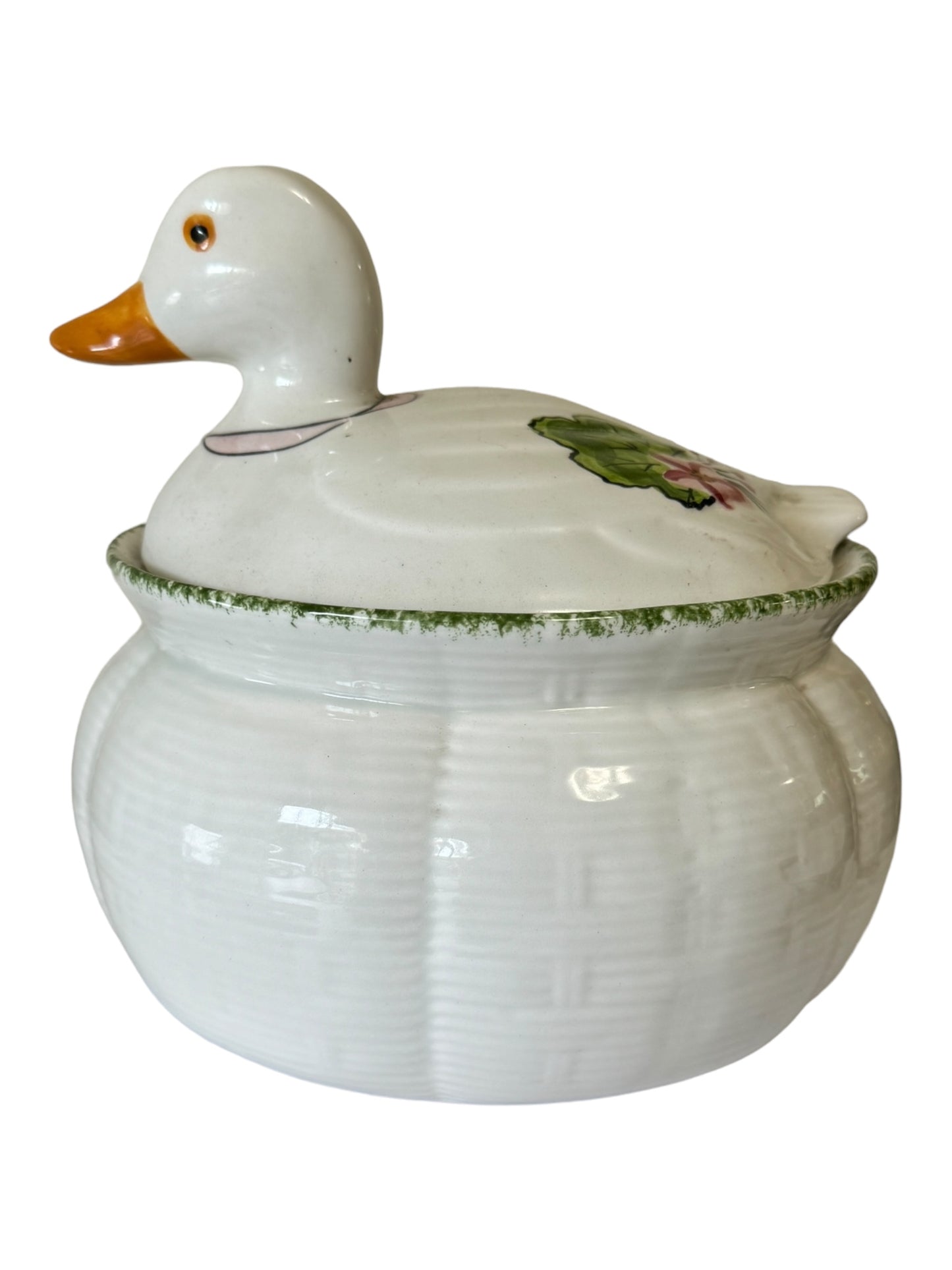 Vintage N S Gustin Green Painted Pottery Duck Bowl With Lid