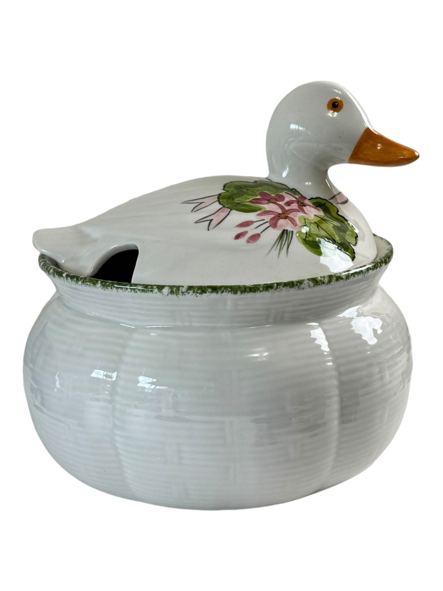 Vintage N S Gustin Green Painted Pottery Duck Bowl With Lid