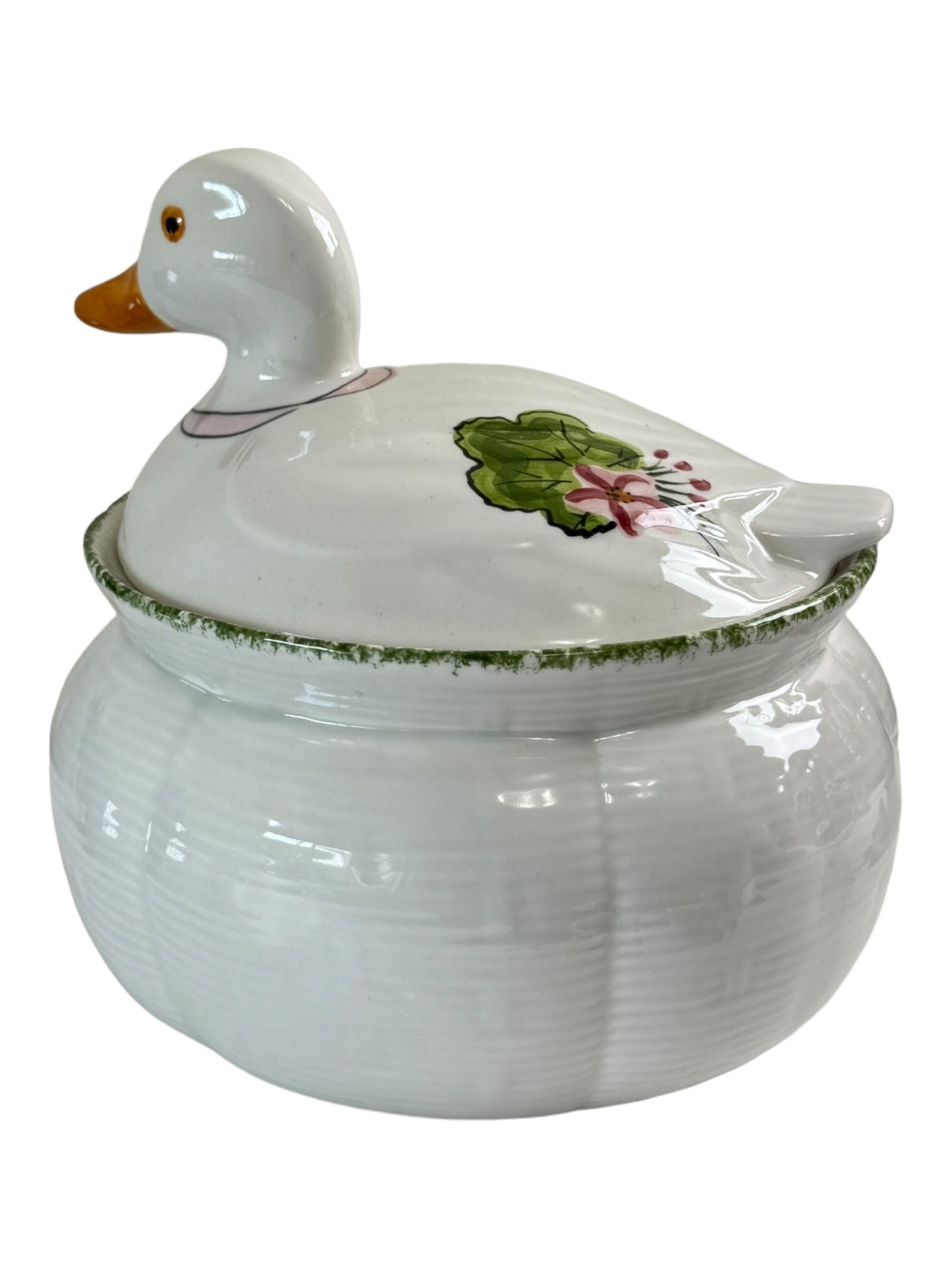 Vintage N S Gustin Green Painted Pottery Duck Bowl With Lid