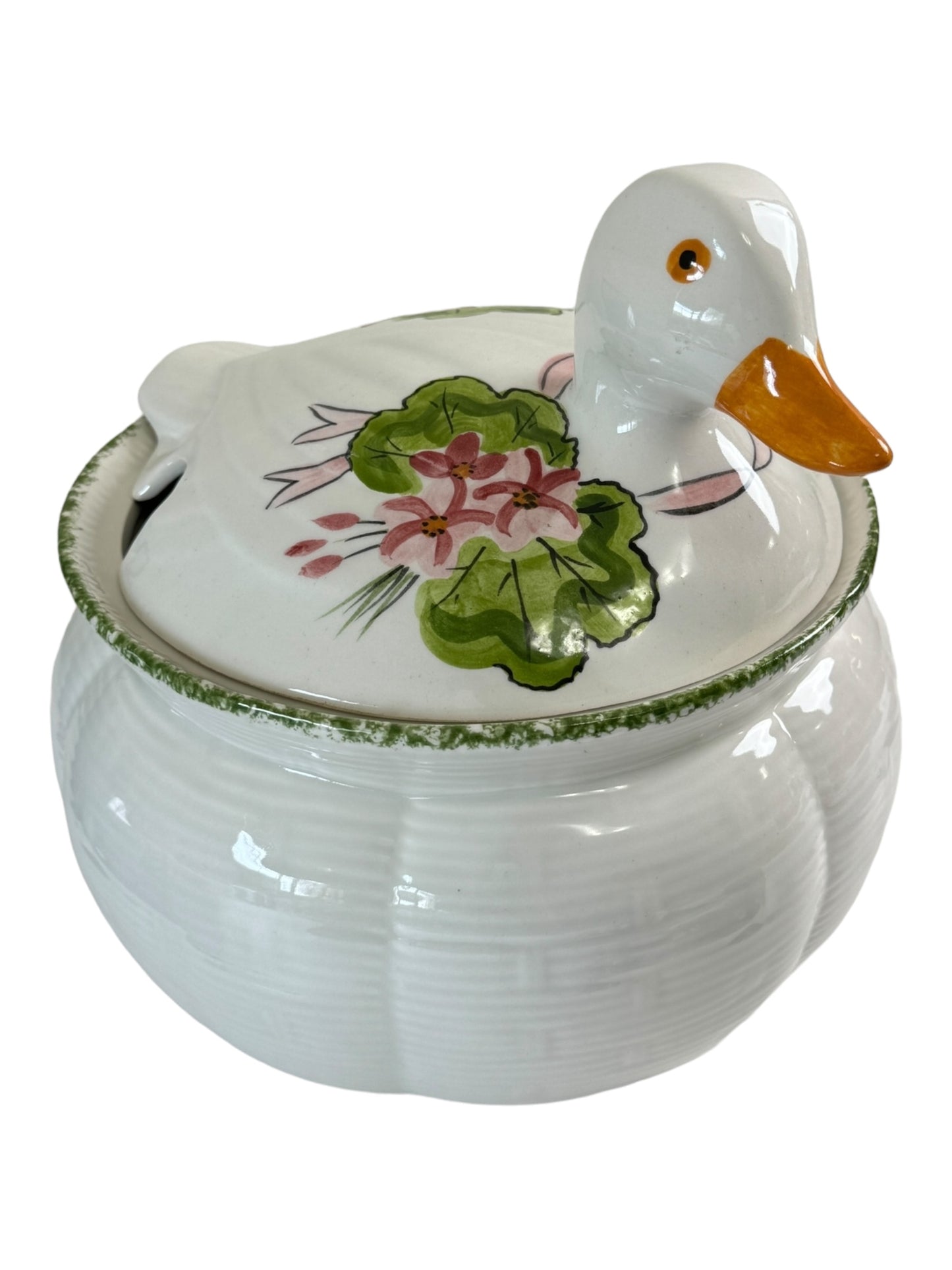 Vintage N S Gustin Green Painted Pottery Duck Bowl With Lid