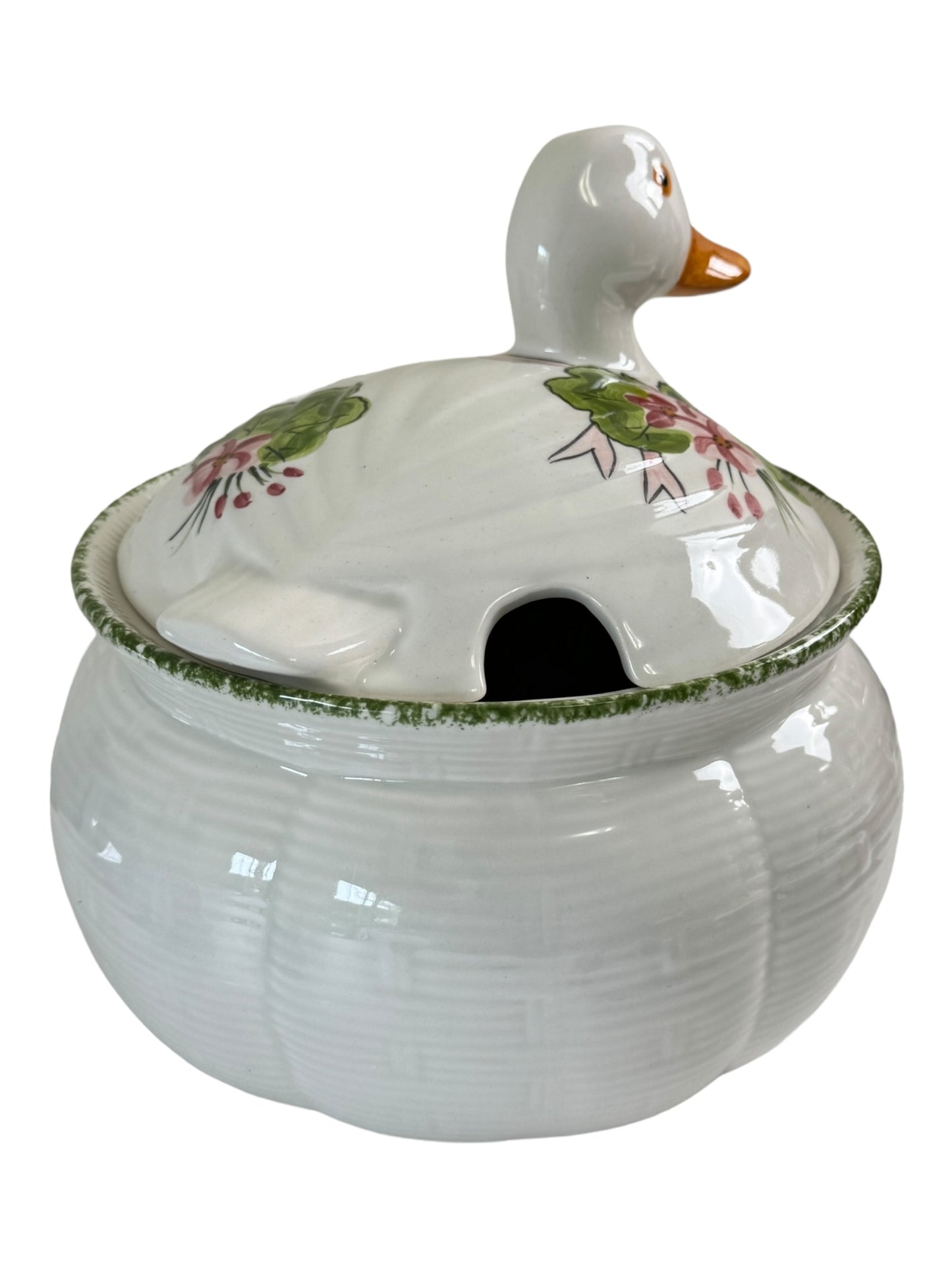 Vintage N S Gustin Green Painted Pottery Duck Bowl With Lid