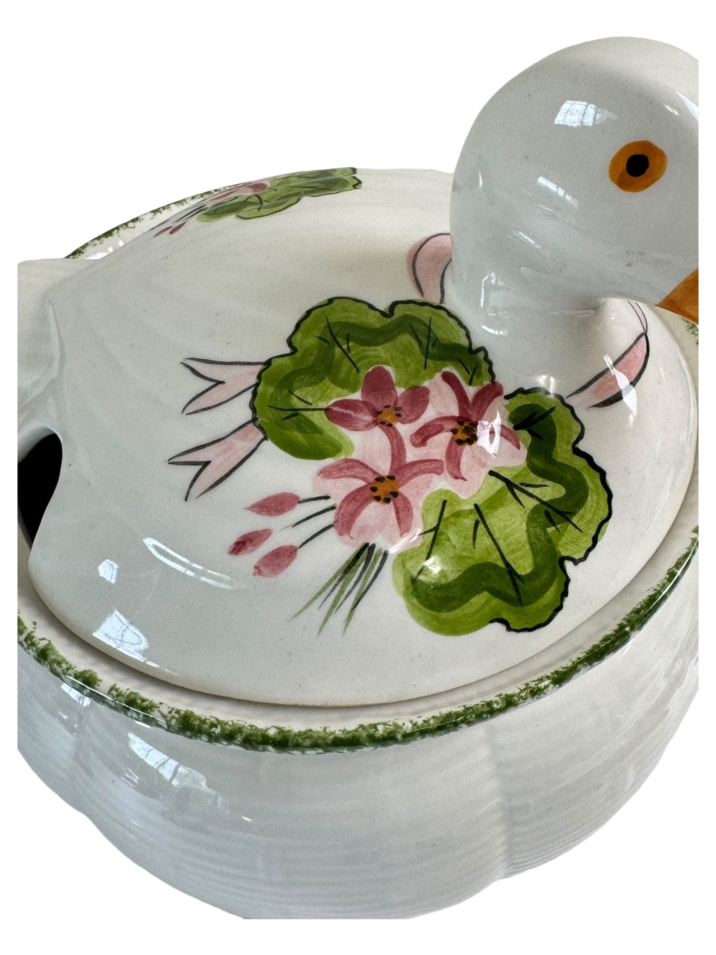 Vintage N S Gustin Green Painted Pottery Duck Bowl With Lid