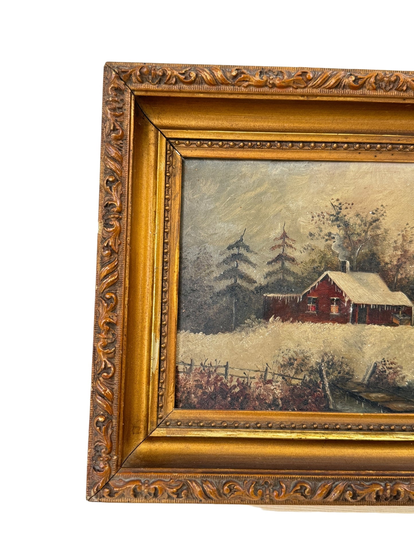 Vintage Miniature Winter Landscape Scene Oil On Panel Board Wall Art