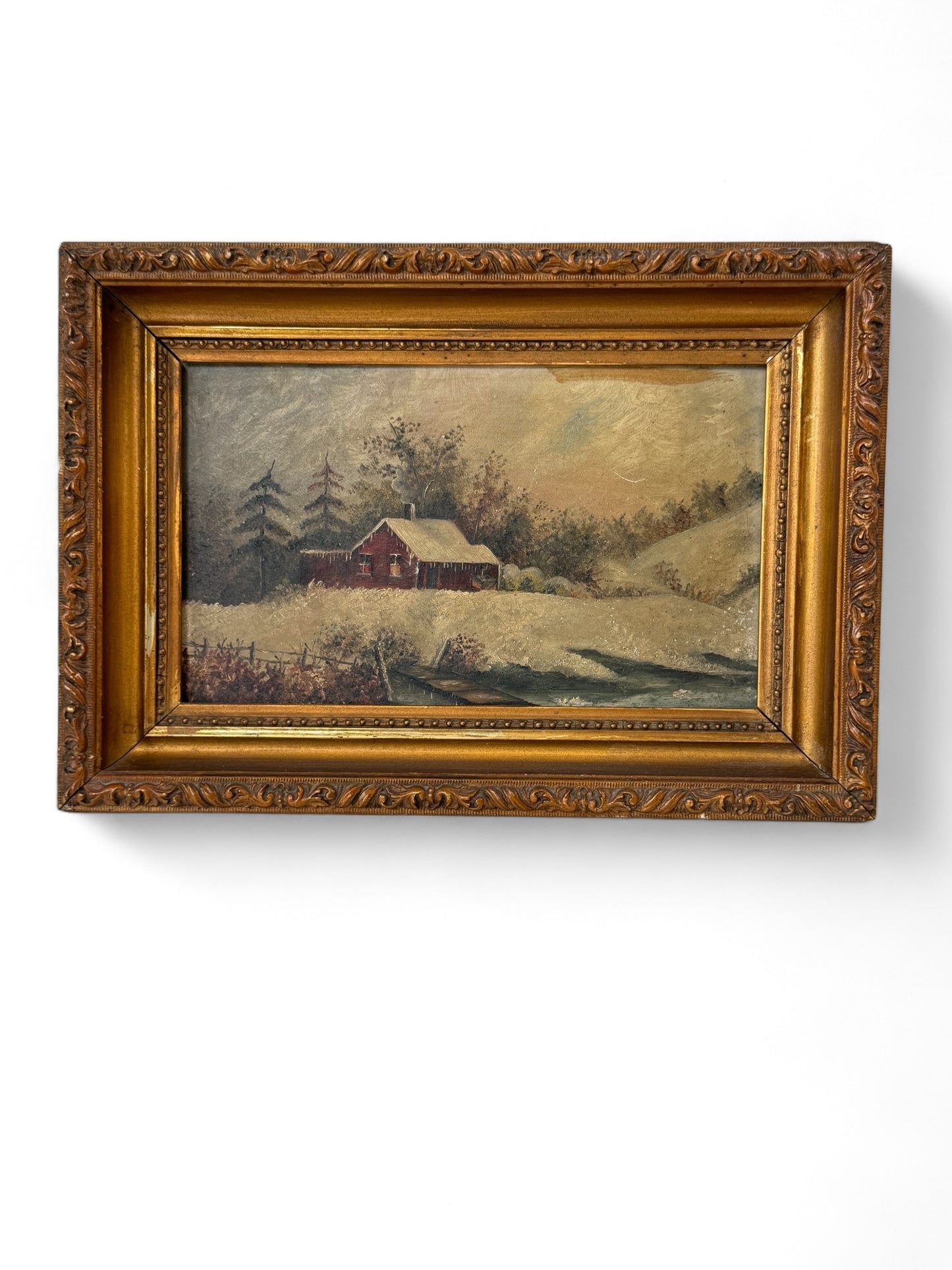 Vintage Miniature Winter Landscape Scene Oil On Panel Board Wall Art