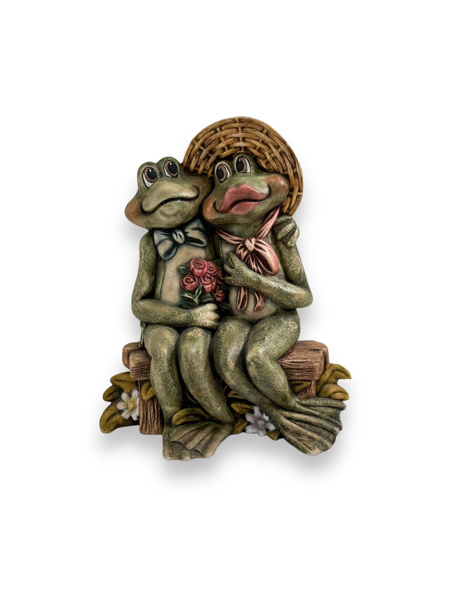 Vintage loving frog couple on a log statues figurines 10" tall