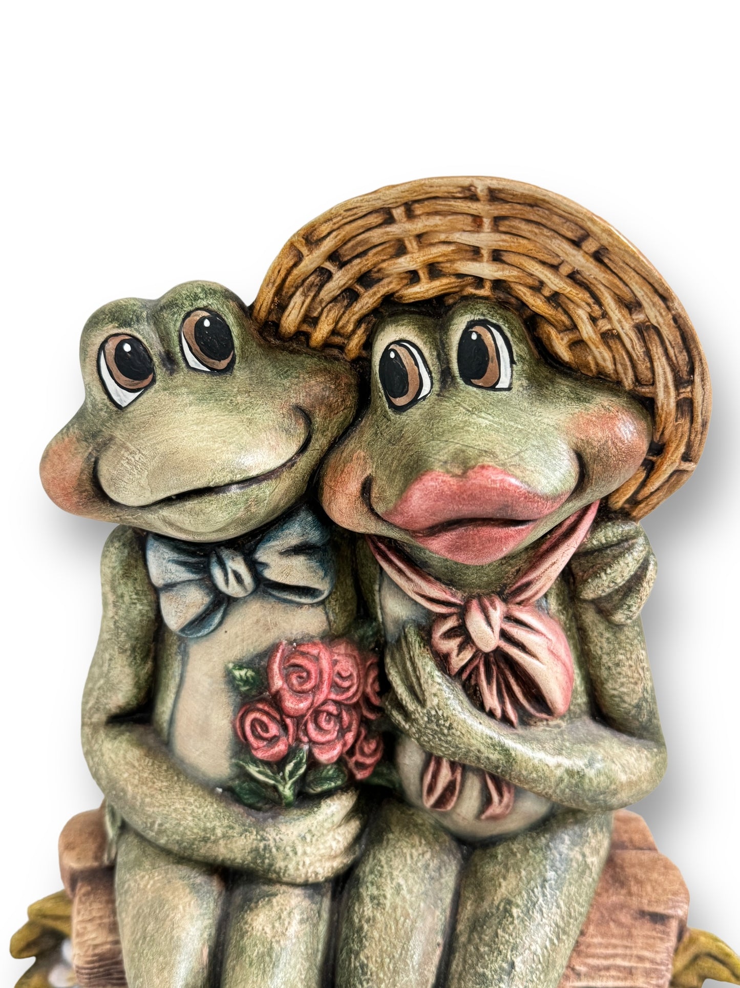 Vintage loving frog couple on a log statues figurines 10" tall