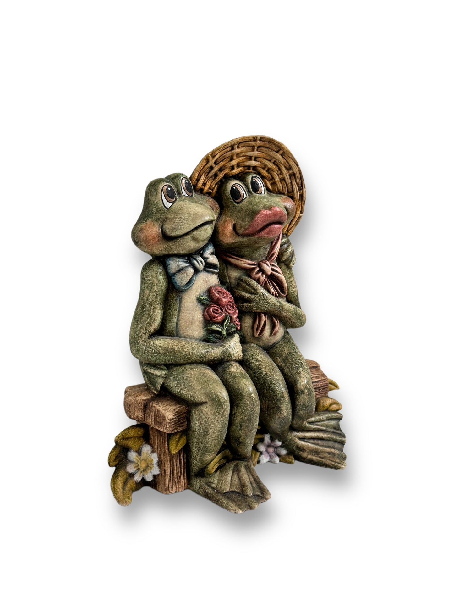 Vintage loving frog couple on a log statues figurines 10" tall