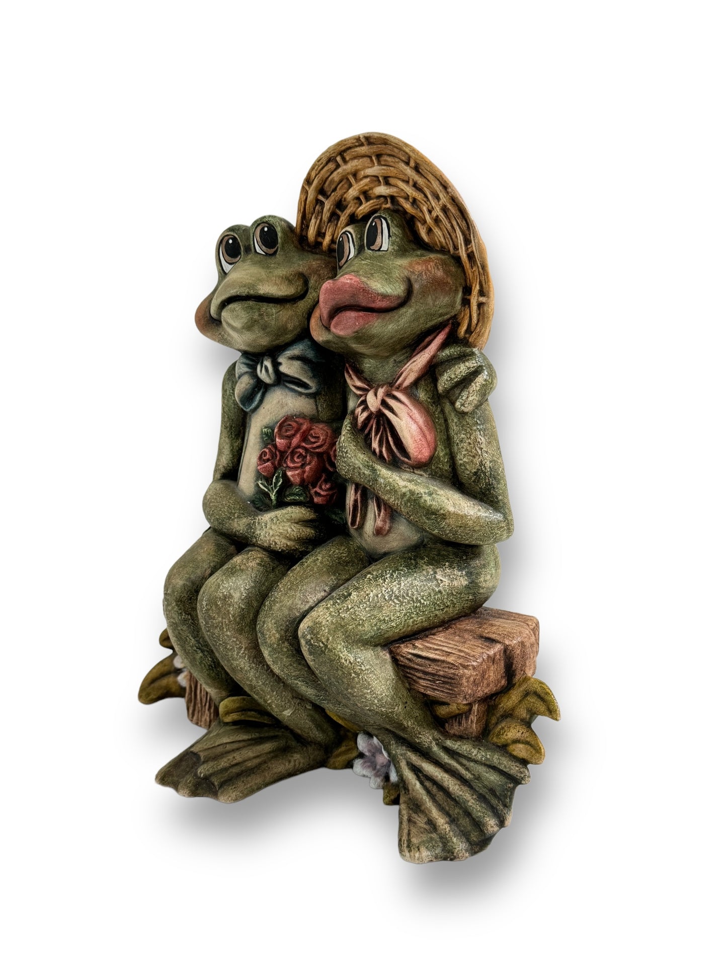 Vintage loving frog couple on a log statues figurines 10" tall