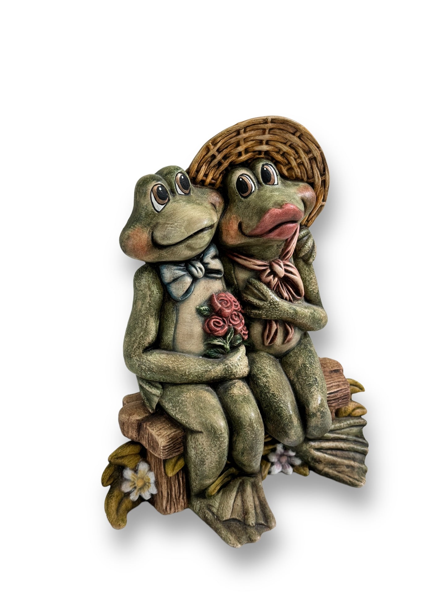 Vintage loving frog couple on a log statues figurines 10" tall