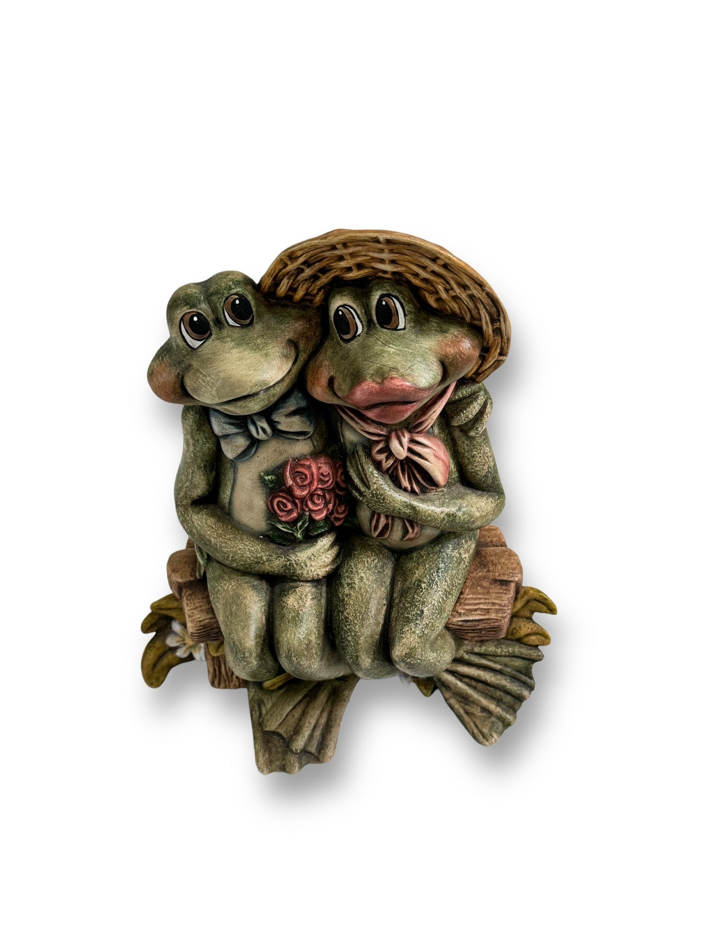 Vintage loving frog couple on a log statues figurines 10" tall