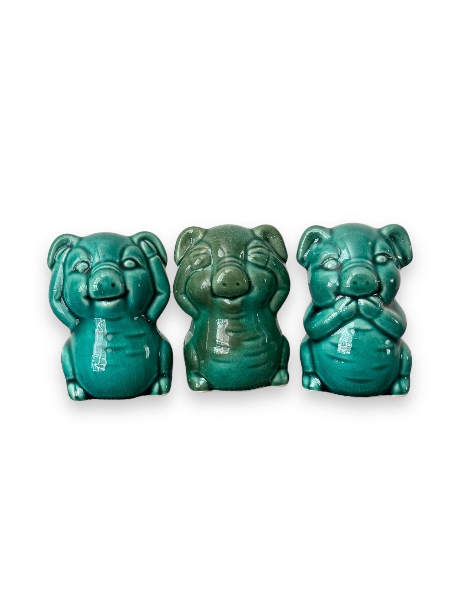 Ceramic Crackle Glaze Teal Green Pig Figurines 3 Piece Hear No Evil Speak See