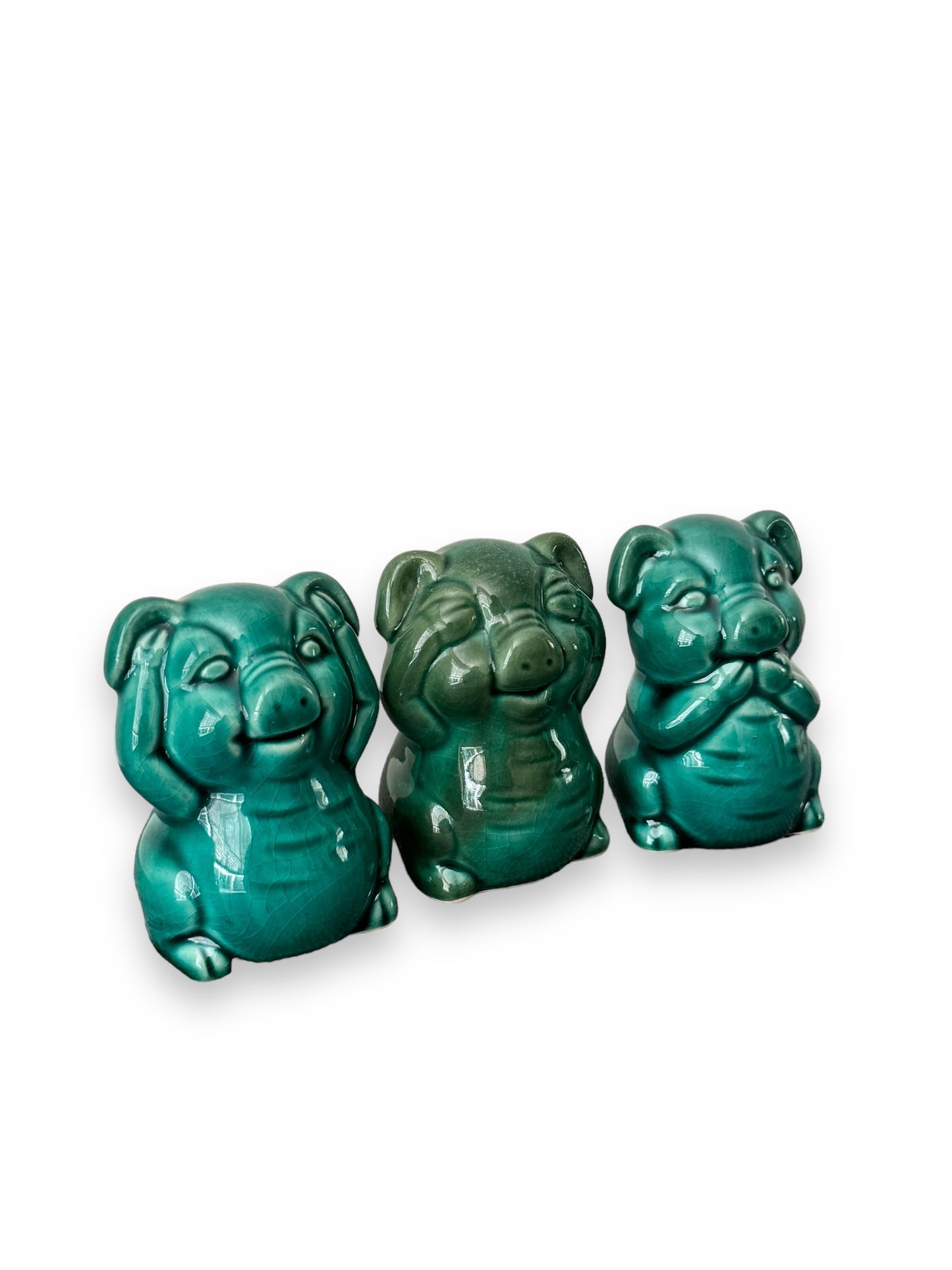 Ceramic Crackle Glaze Teal Green Pig Figurines 3 Piece Hear No Evil Speak See