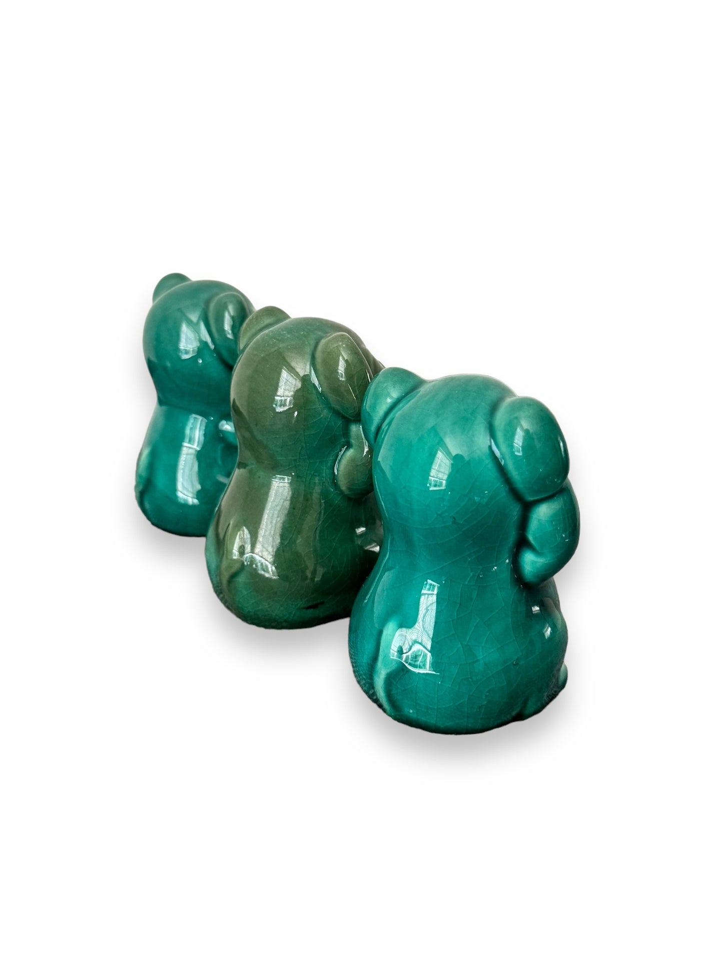 Ceramic Crackle Glaze Teal Green Pig Figurines 3 Piece Hear No Evil Speak See