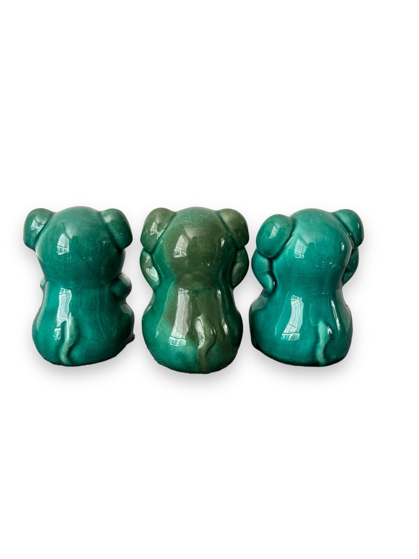 Ceramic Crackle Glaze Teal Green Pig Figurines 3 Piece Hear No Evil Speak See