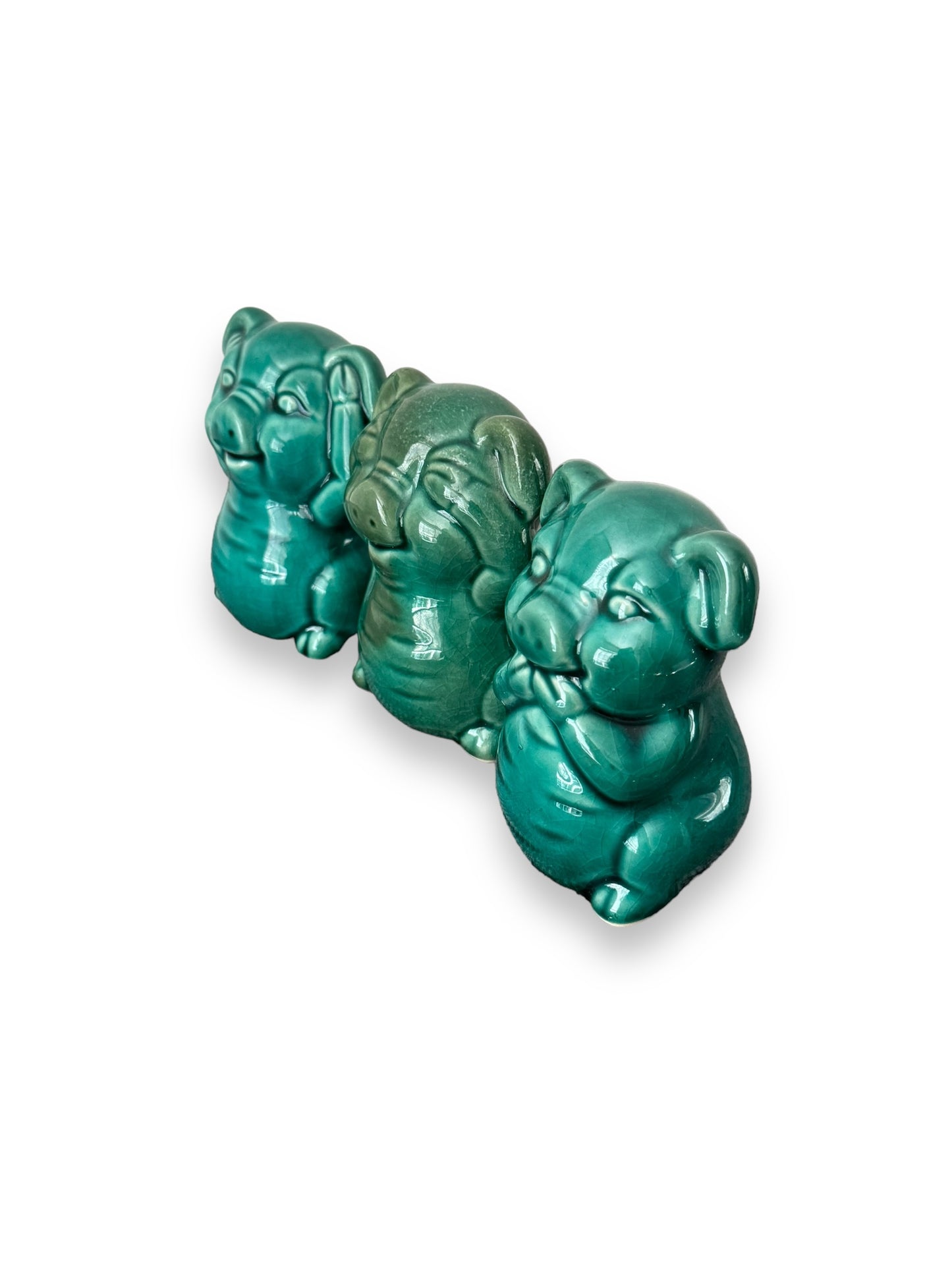 Ceramic Crackle Glaze Teal Green Pig Figurines 3 Piece Hear No Evil Speak See