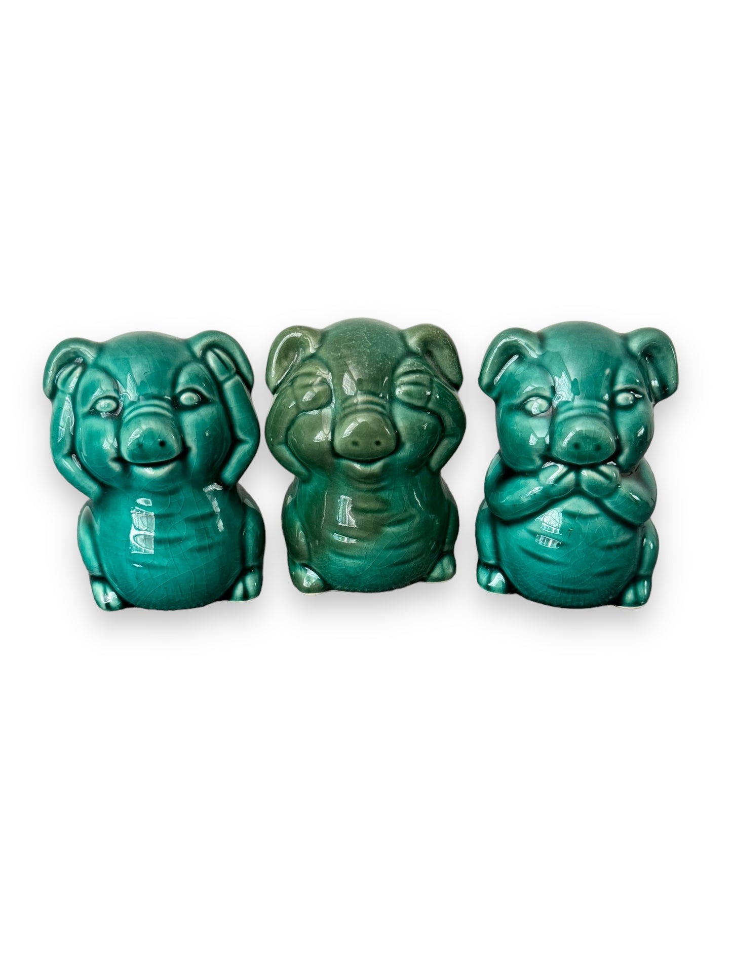 Ceramic Crackle Glaze Teal Green Pig Figurines 3 Piece Hear No Evil Speak See