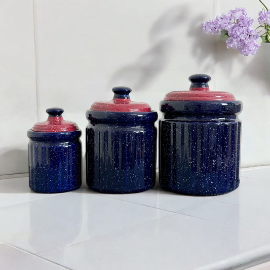 Vintage Blue and Red Speckled Cookie Jar Canister Set of 3 Different Sizes