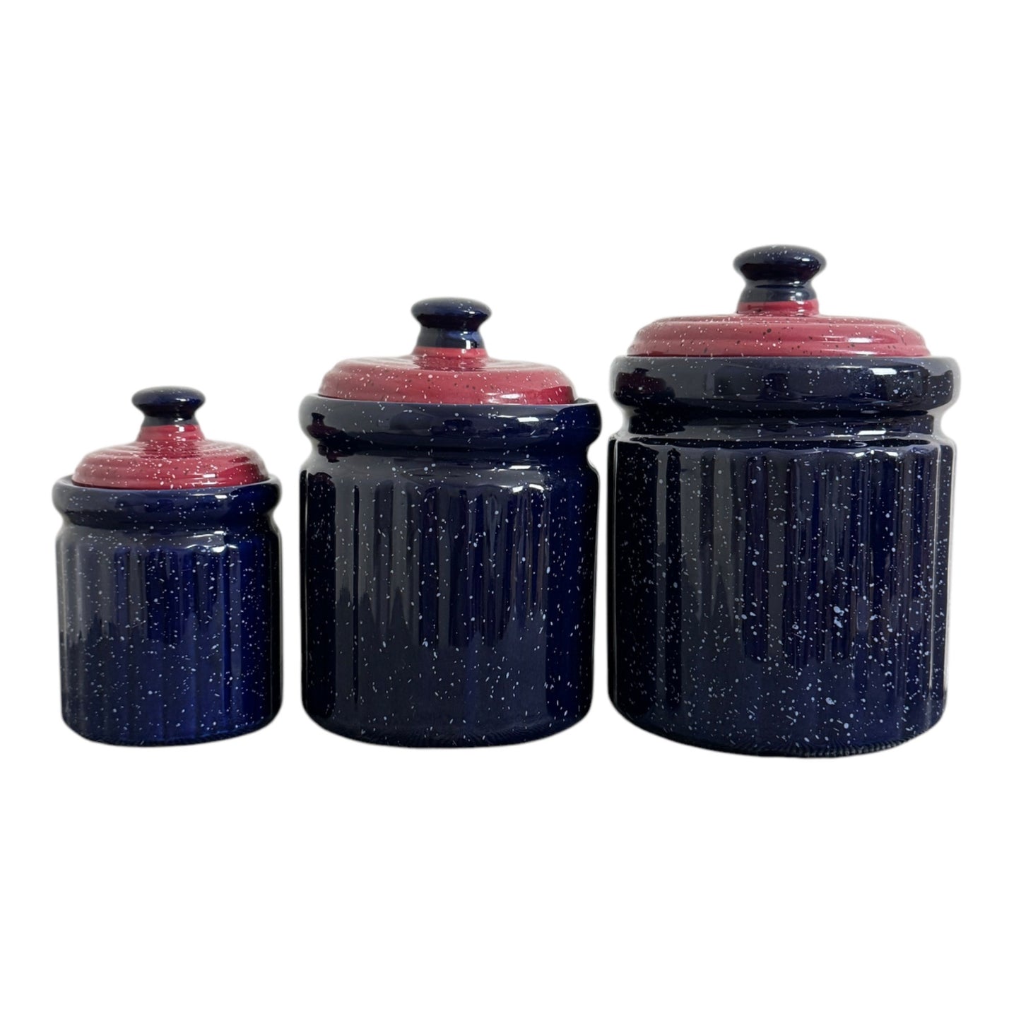 Vintage Blue and Red Speckled Cookie Jar Canister Set of 3 Different Sizes