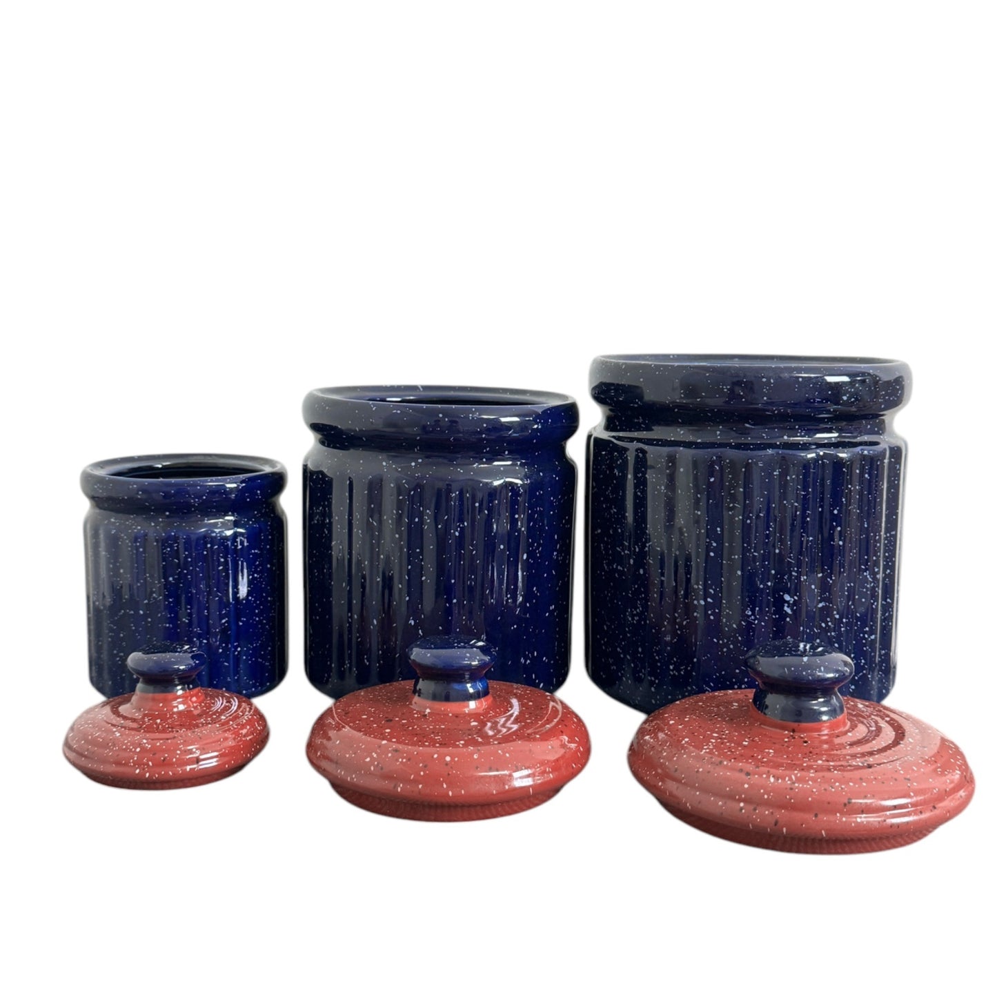 Vintage Blue and Red Speckled Cookie Jar Canister Set of 3 Different Sizes