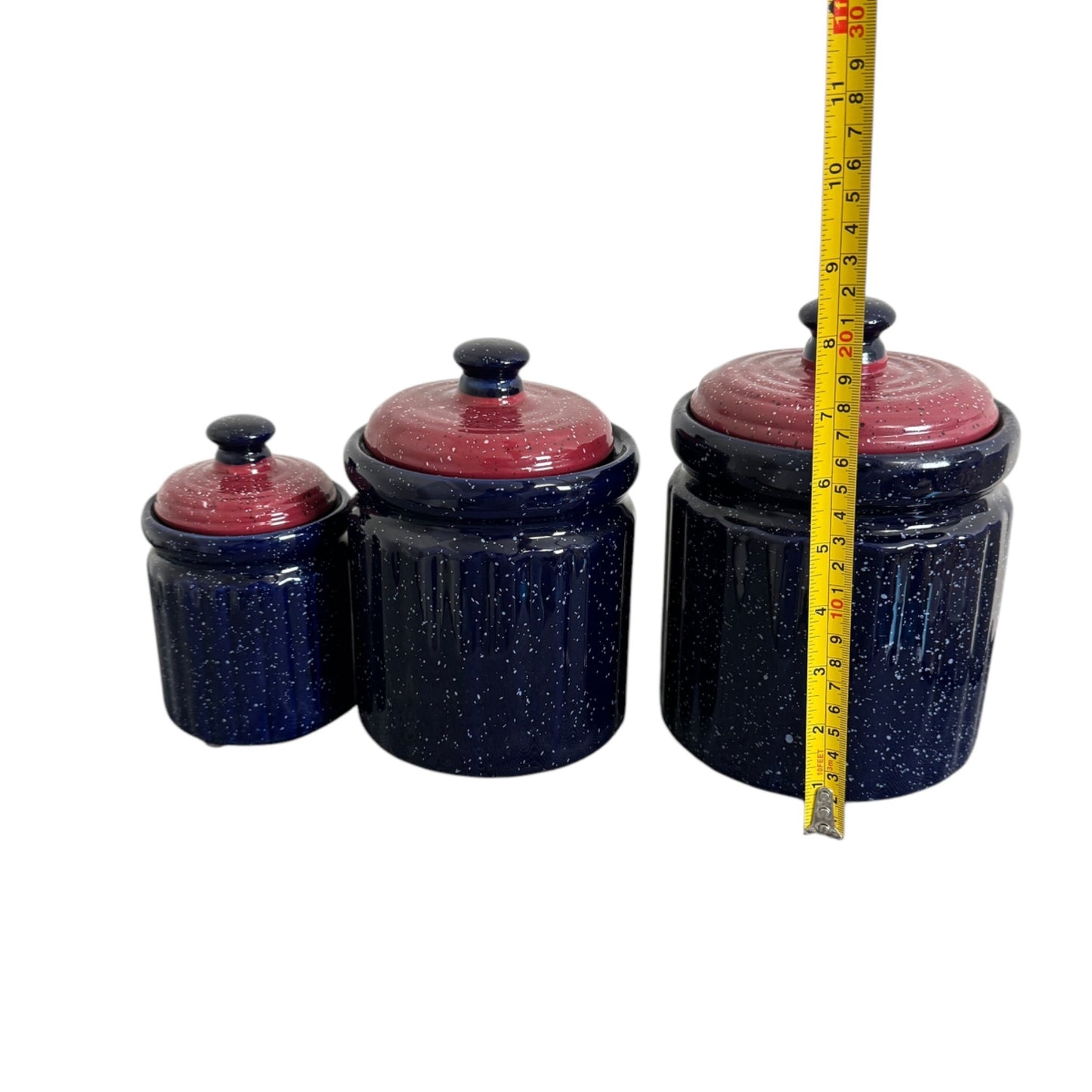 Vintage Blue and Red Speckled Cookie Jar Canister Set of 3 Different Sizes