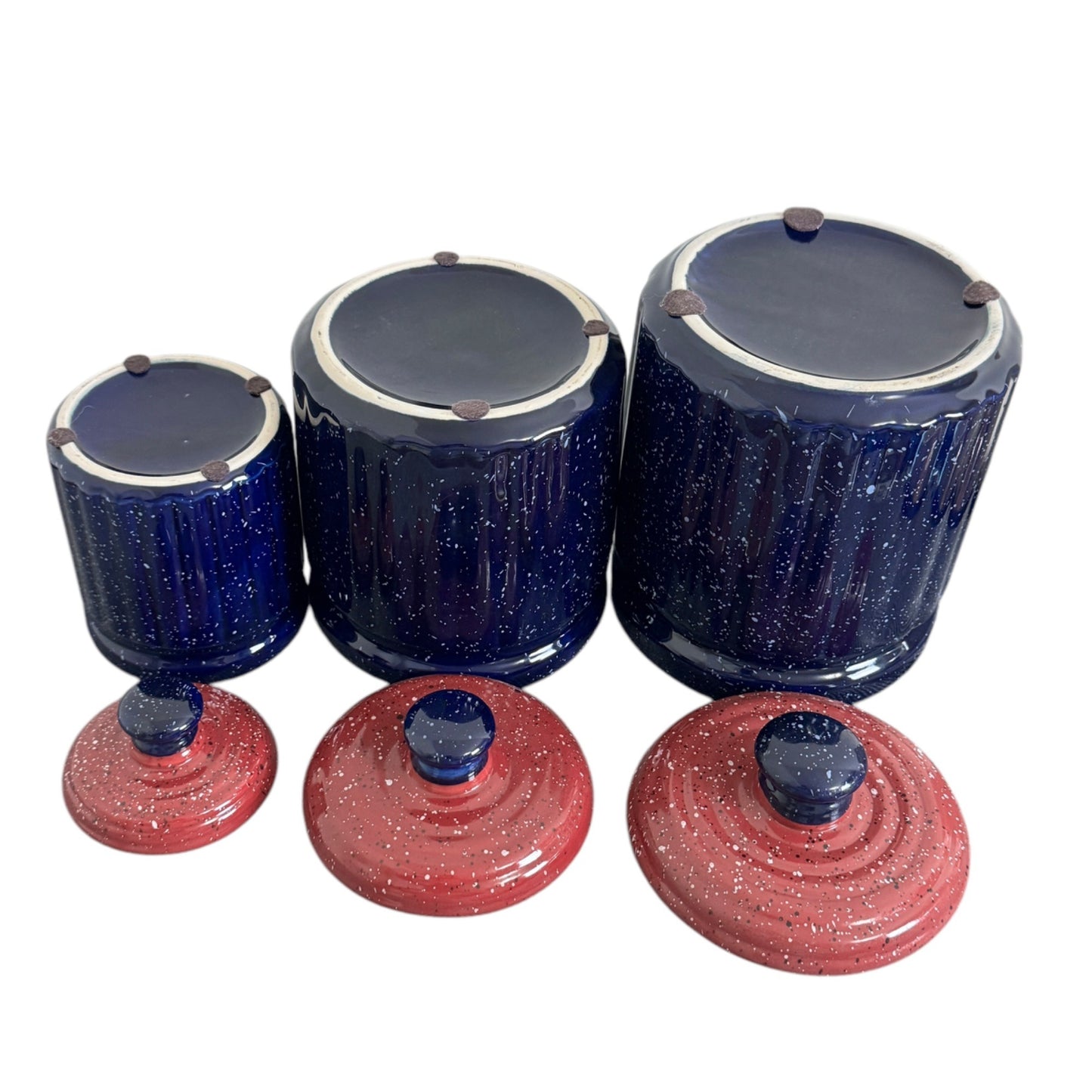 Vintage Blue and Red Speckled Cookie Jar Canister Set of 3 Different Sizes