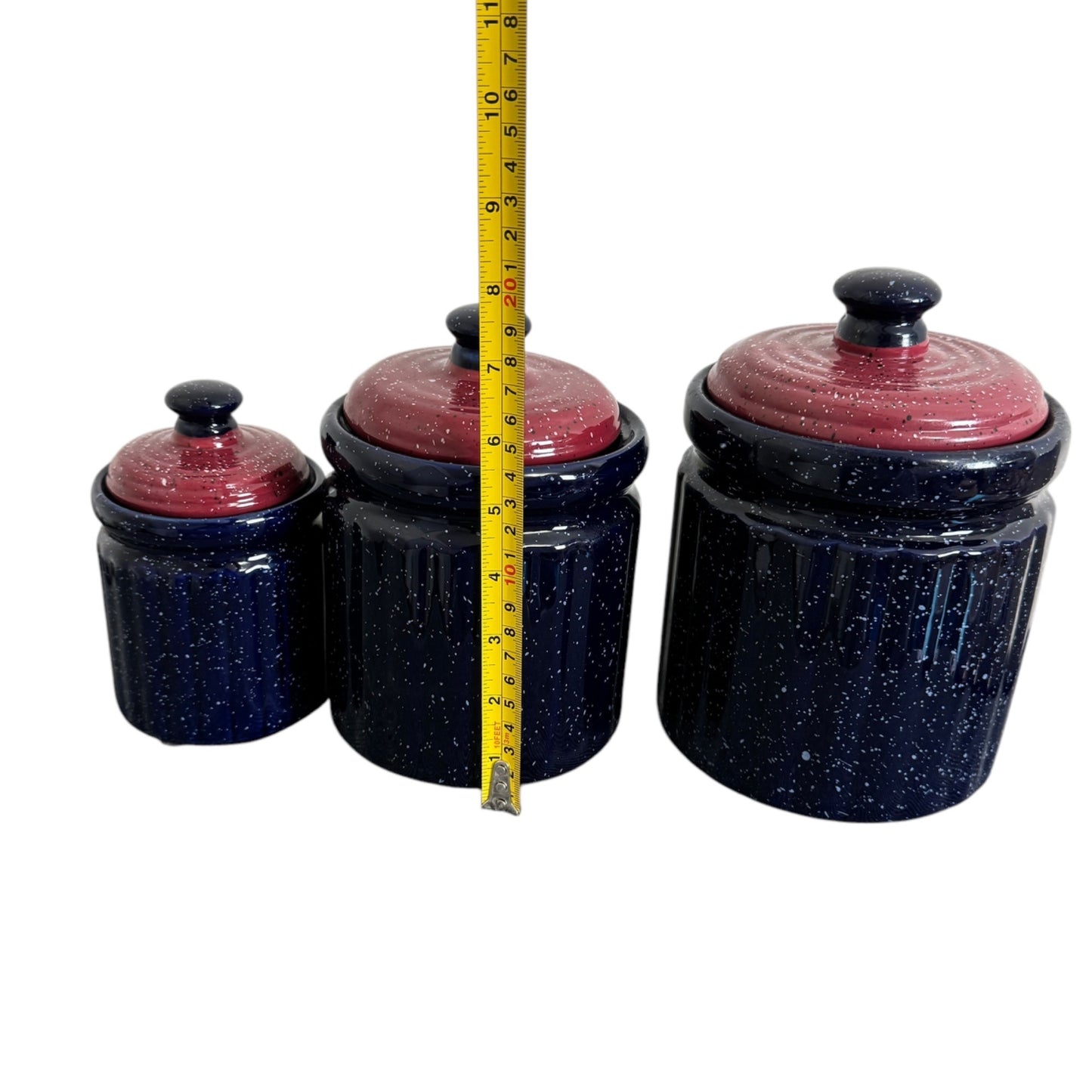 Vintage Blue and Red Speckled Cookie Jar Canister Set of 3 Different Sizes