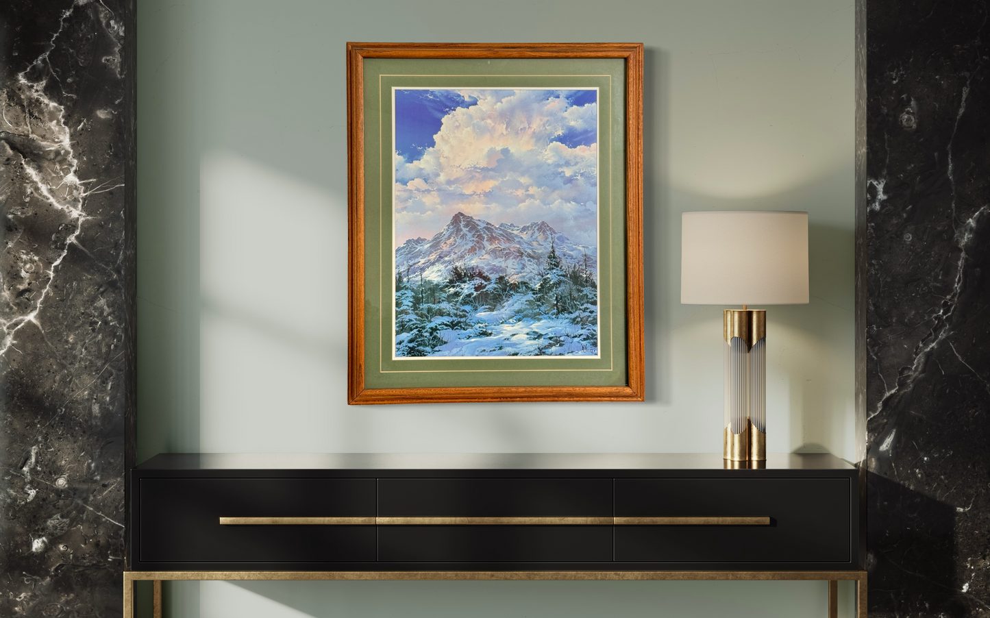 Winter Mountain Majesty 3D Oil Painting Glass Enclosed Wood Frame