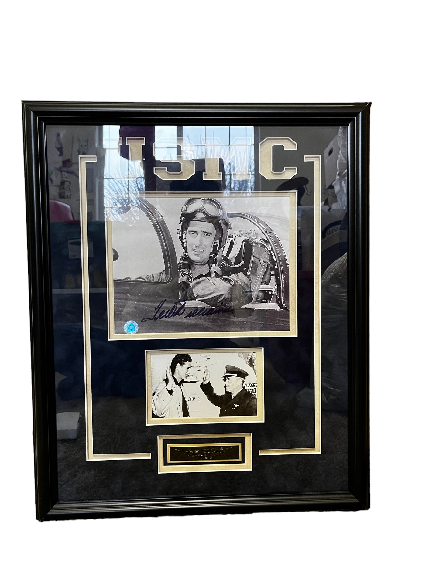 Ted Williams USMC 1953 F9F Panther Korean War, Military Sportsman Custom Framed Signed GFA