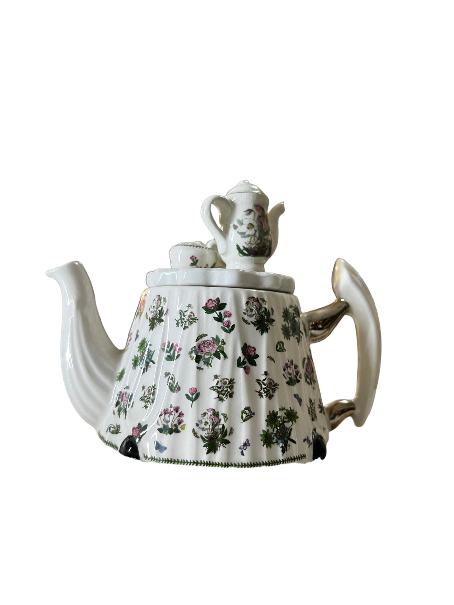 Portmeirion Miniature Teapot with a Tea Set Lid and Pink Flowers