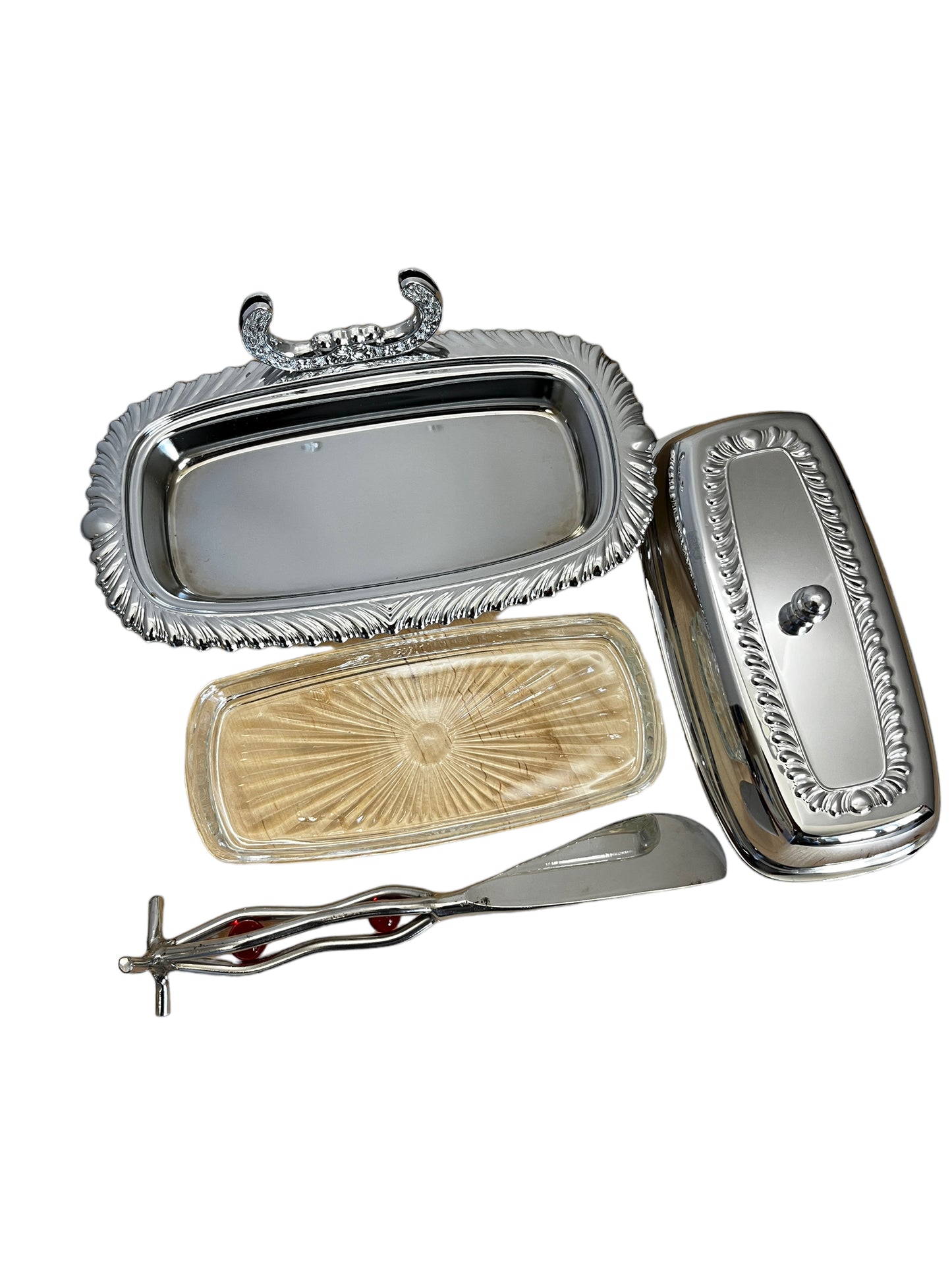 Vintage Chrome Plated Irvinware Butter Dishes With Glass Insert and Knife.