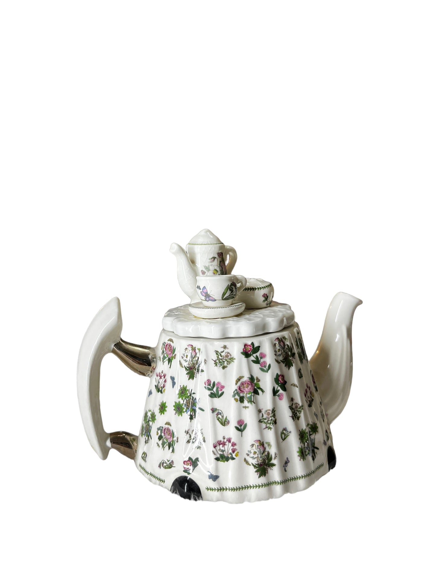 Portmeirion Miniature Teapot with a Tea Set Lid and Pink Flowers