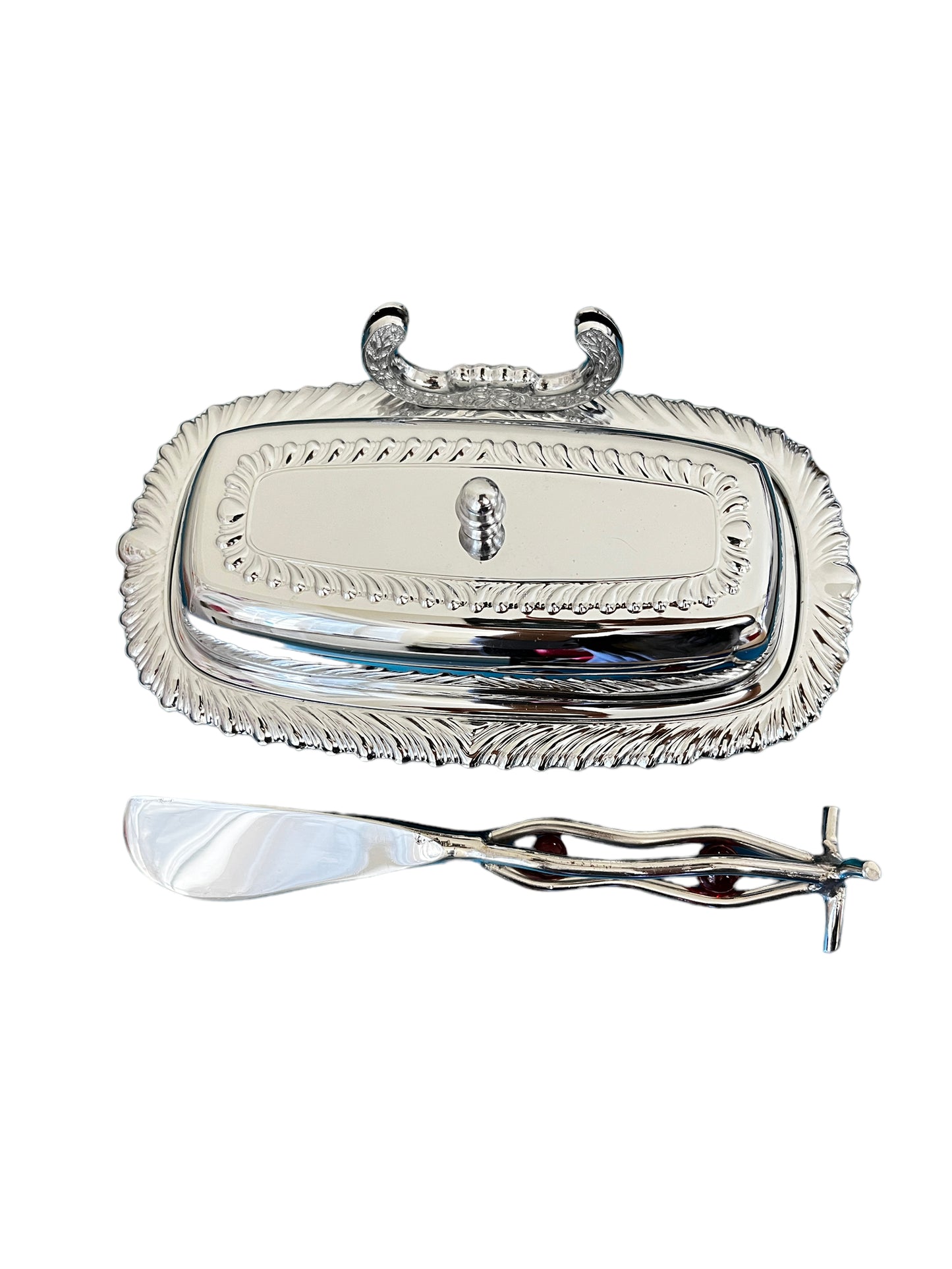 Vintage Chrome Plated Irvinware Butter Dishes With Glass Insert and Knife.