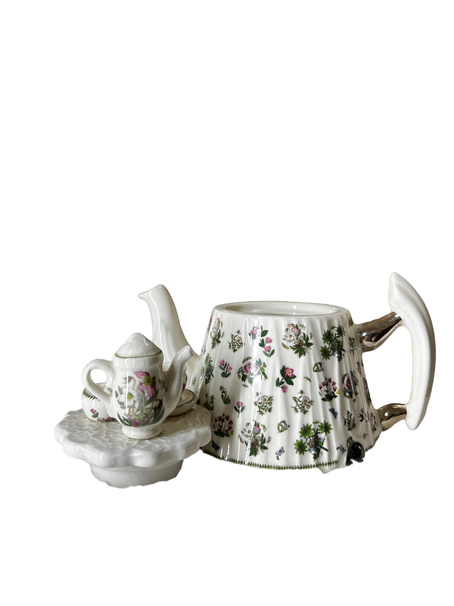 Portmeirion Miniature Teapot with a Tea Set Lid and Pink Flowers