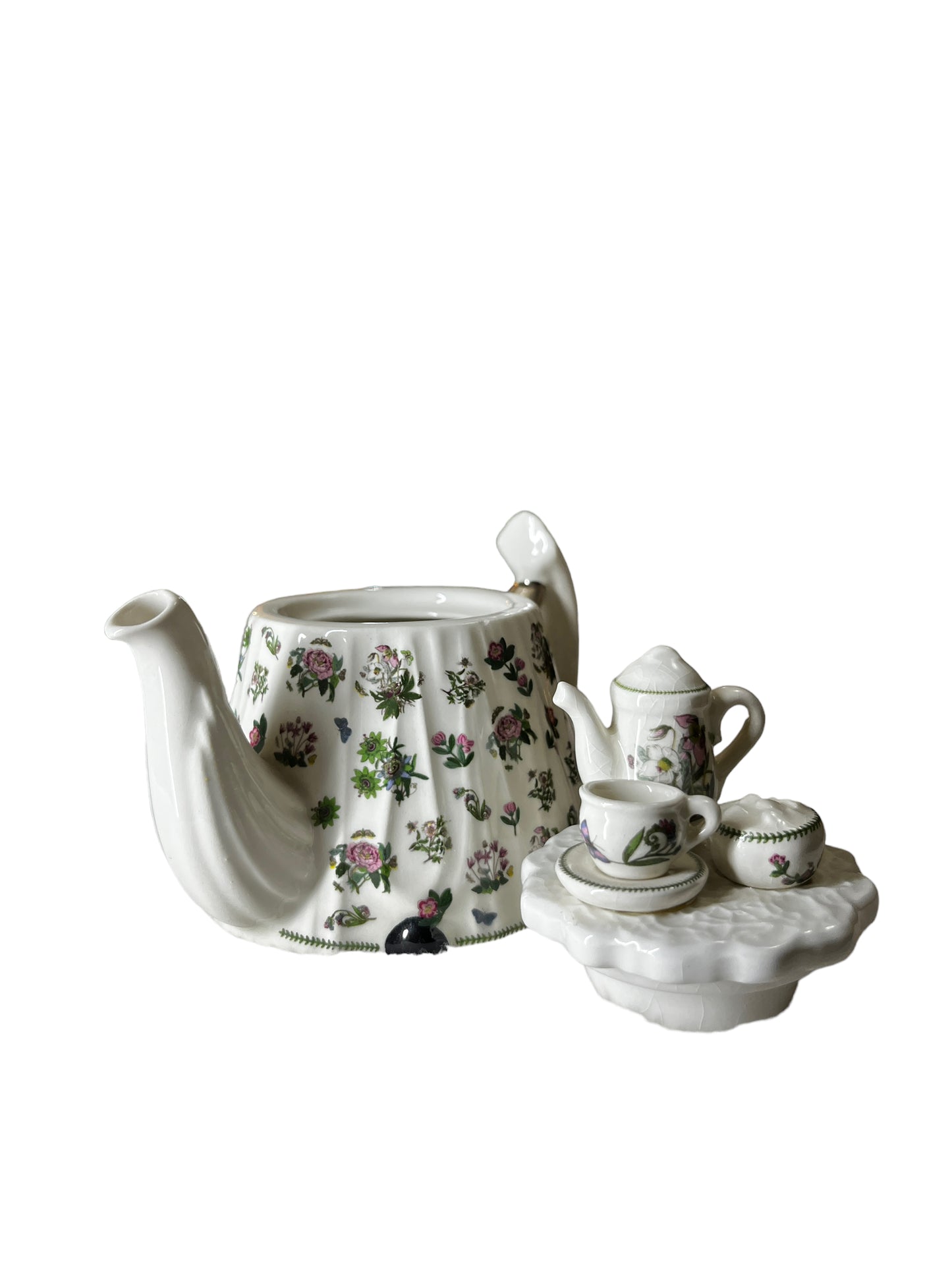 Portmeirion Miniature Teapot with a Tea Set Lid and Pink Flowers