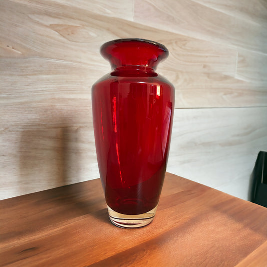 Red Ruby Glass Vase Thick Clear Base Flared Mouth