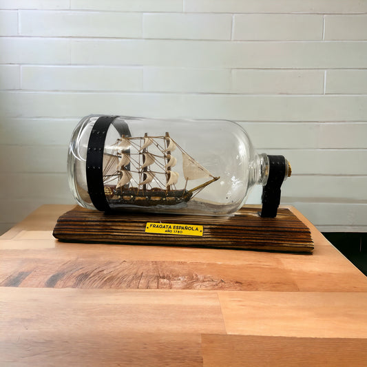 Vintage  Fragata Espanola Boat in a glass bottle on a wooden base, Made in Spain