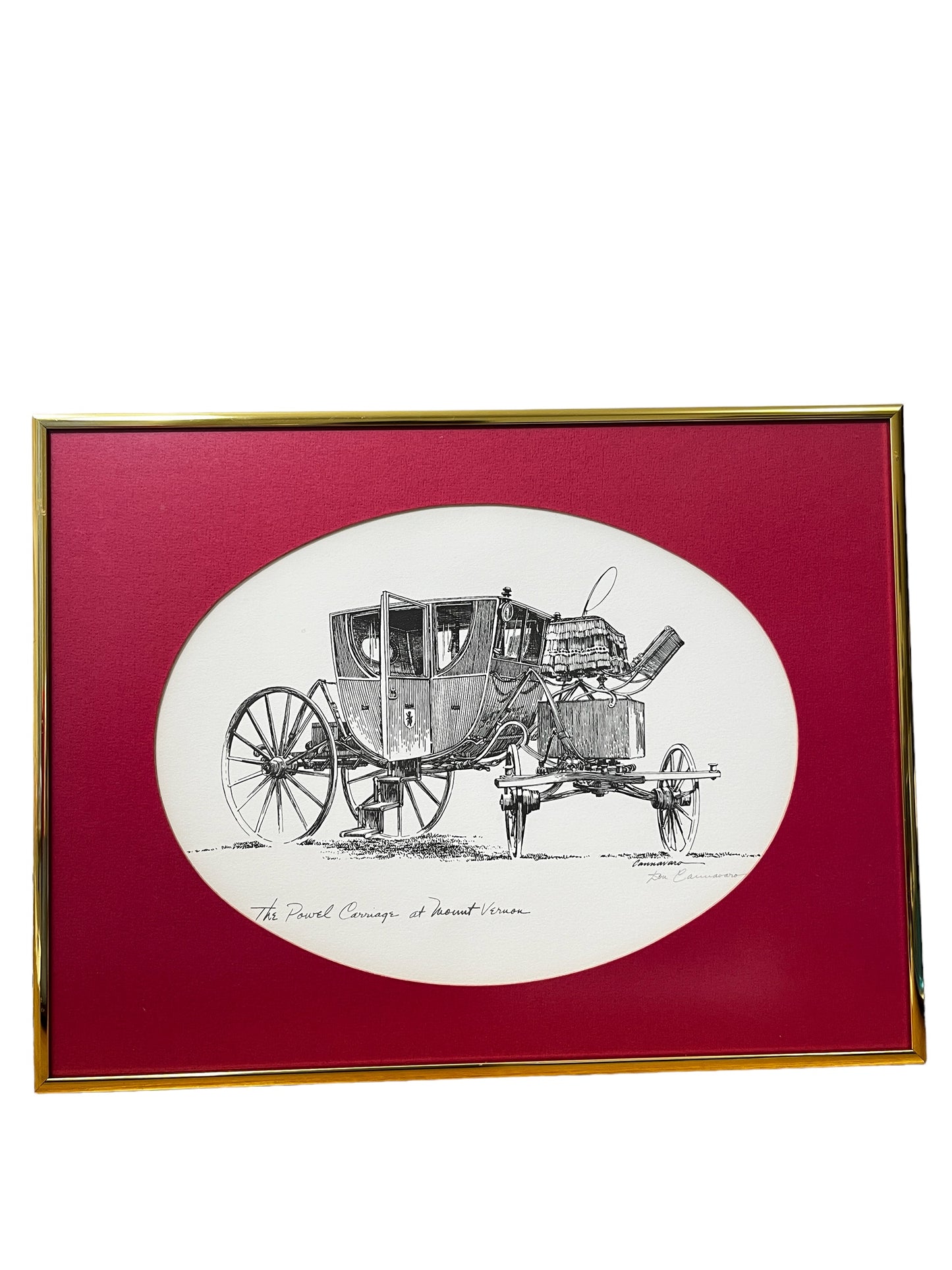 Vintage Signed Framed Lithograph of Sketch The Powel Carriage at Mount Vernon