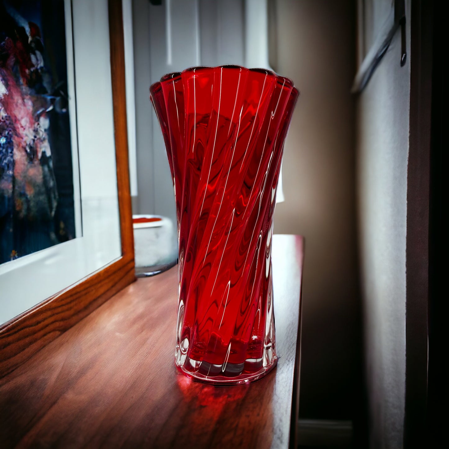 Ruby Red Twist Shape Glass Vase