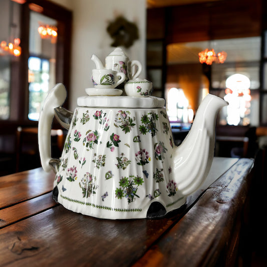 Portmeirion Miniature Teapot with a Tea Set Lid and Pink Flowers