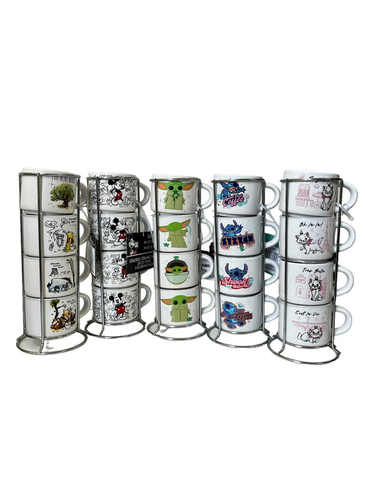 5 Character Cartoon Disney 4pc Stackable Ceramic Espresso Small Cup Set, 3 Oz