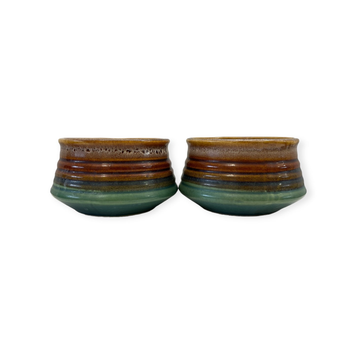 Vintage Stoneware Soup Bowl Mug with Handle Brown Drip with Green Ribbed Banded Style Retro