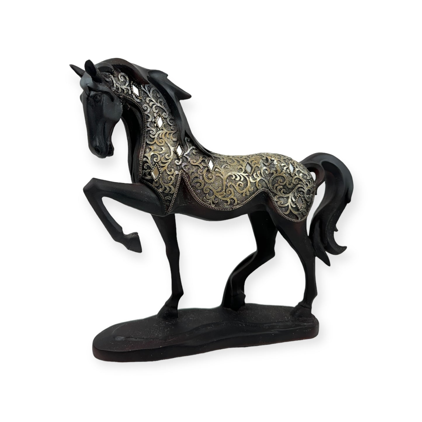 Black Carved Wood Friesian Horse Statue with Fancy Decorative Golden Cover