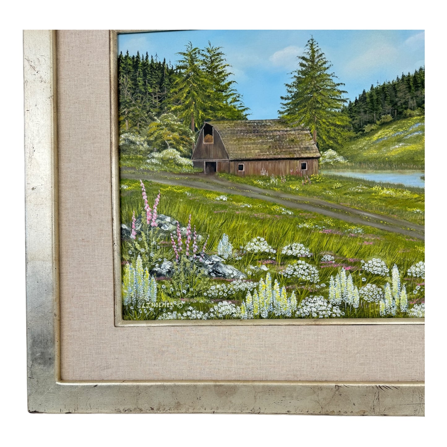 Original Oil Painting Old Barn and Pasture with Wildflowers By LJ Holmes