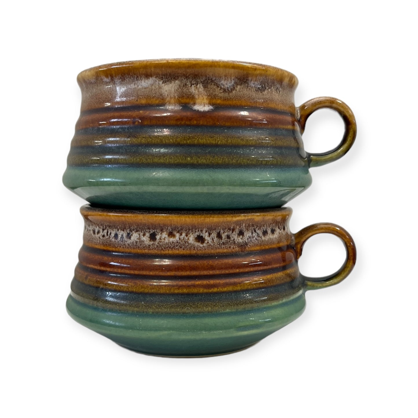 Vintage Stoneware Soup Bowl Mug with Handle Brown Drip with Green Ribbed Banded Style Retro